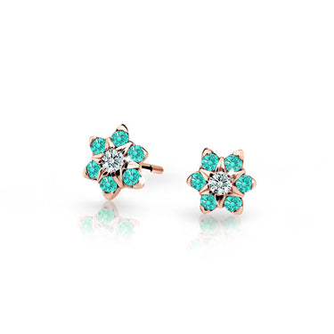 Dětské náušnice Danfil kytičky C2152 z růžového zlata s kamínky Mint Green, zapínání balónek