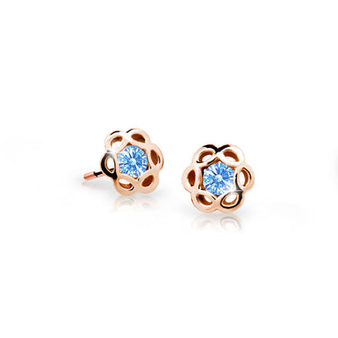 Dětské náušnice Danfil kytičky C2179 z růžového zlata s kamínky Arctic Blue, zapínání balónek