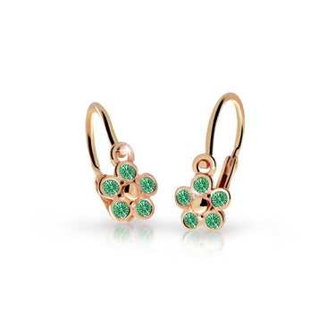 Dětské náušnice Danfil kytičky C2744 z růžového zlata s kamínky Emerald Green, zapínání brizura
