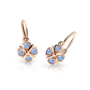 Dětské náušnice Danfil C2245 z růžového zlata s kamínky Arctic Blue, zapínání brizura