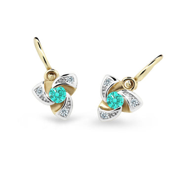 Dětské náušnice Danfil C2203 ze žlutého zlata s kamínkem Mint Green, zapínání brizura