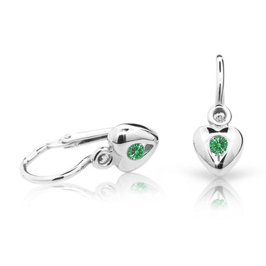 Dětské náušnice Danfil srdíčka C1556 z bílého zlata s kamínkem Emerald Green, zapínání brizura