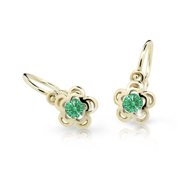 Dětské náušnice Danfil kytičky C2204 ze žlutého zlata s kamínkem Emerald Green, zapínání brizura