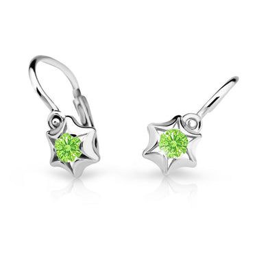 Dětské náušnice Danfil hvězdičky C2159 z bílého zlata s kamínkem Peridot Green, zapínání brizura