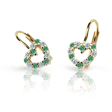 Dětské náušnice Danfil srdíčka C2157 ze žlutého zlata s kamínky Emerald Green, zapínání klapka