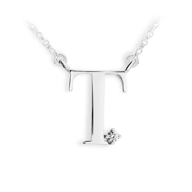 Zlatý dámský náhrdelník DF 4525, písmenko T, bílé zlato, s řetízkem a briliantem