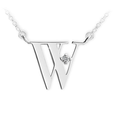 Zlatý dámský náhrdelník DF 4528, písmenko W, bílé zlato, s řetízkem a briliantem