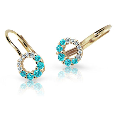 Dětské náušnice Danfil C2154 ze žlutého zlata s kamínky Mint Green, zapínání klapka