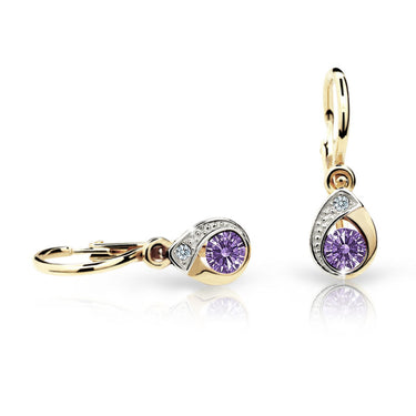 Dětské náušnice Danfil kapky C1898 ze žlutého zlata s kamínkem Amethyst, zapínání brizura