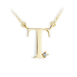 Zlatý dámský náhrdelník DF 4525, písmenko T, žluté zlato, s řetízkem a briliantem