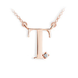 Zlatý dámský náhrdelník DF 4525, písmenko T,  růžové zlato, s řetízkem a briliantem