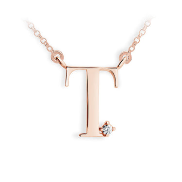 Zlatý dámský náhrdelník DF 4525, písmenko T,  růžové zlato, s řetízkem a briliantem