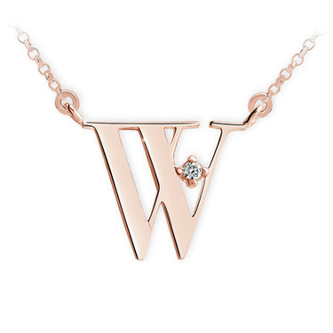 Zlatý dámský náhrdelník DF 4528, písmenko W,  růžové zlato, s řetízkem a briliantem