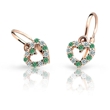 Dětské náušnice Danfil srdíčka C2157 z růžového zlata s kamínky Emerald Green, zapínání brizura