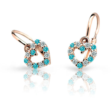 Dětské náušnice Danfil srdíčka C2157 z růžového zlata s kamínky Mint Green, zapínání brizura