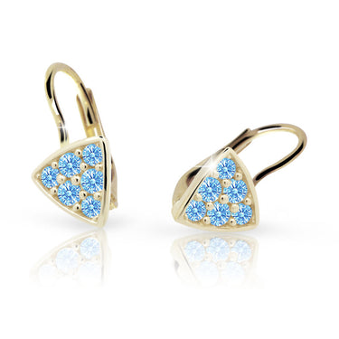 Dětské náušnice Danfil C2207 ze žlutého zlata s kamínky Arctic Blue, zapínání klapka