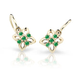 Dětské náušnice Danfil kytičky C2215 ze žlutého zlata s kamínky Emerald Green, zapínání brizura