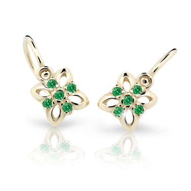 Dětské náušnice Danfil kytičky C2215 ze žlutého zlata s kamínky Emerald Green, zapínání brizura