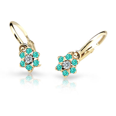 Dětské náušnice Danfil kytičky C2152 ze žlutého zlata s kamínky Mint Green, zapínání brizura