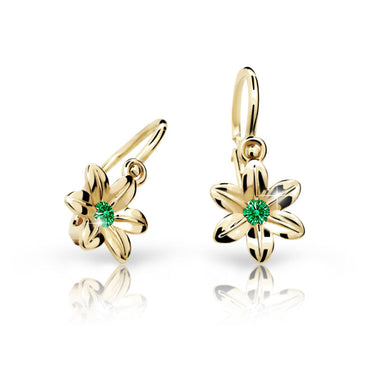 Dětské náušnice Danfil kytičky C1993 ze žlutého zlata s kamínkem Emerald Green, zapínání brizura