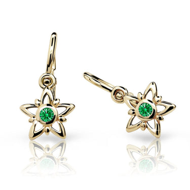 Dětské náušnice Danfil hvězdičky C1996 ze žlutého zlata s kamínkem Emerald Green, zapínání brizura