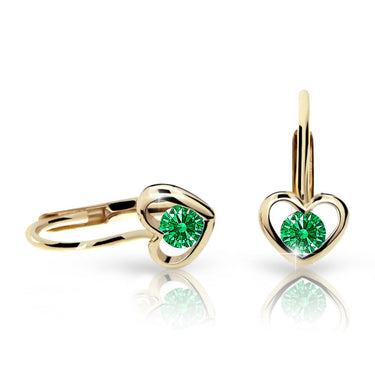 Dětské náušnice Danfil srdíčka C1943 ze žlutého zlata s kamínkem Emerald Green, zapínání klapka