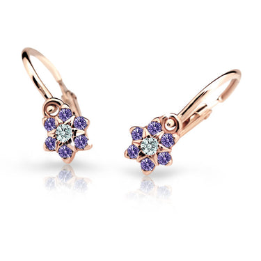Dětské náušnice Danfil kytičky C2152 z růžového zlata s kamínky Amethyst, zapínání brizura