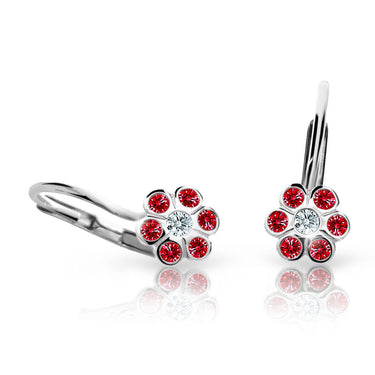 Dětské náušnice Danfil kytičky C1737 z bílého zlata s kamínky Ruby Dark, zapínání klapka