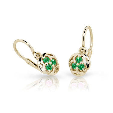 Dětské náušnice Danfil C2252 ze žlutého zlata s kamínky Emerald Green, zapínání brizura