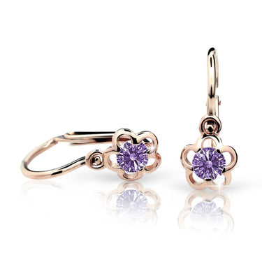 Dětské náušnice Danfil kytičky C1945 z růžového zlata s kamínkem Amethyst, zapínání brizura