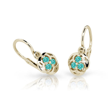 Dětské náušnice Danfil C2252 ze žlutého zlata s kamínky Mint Green, zapínání brizura