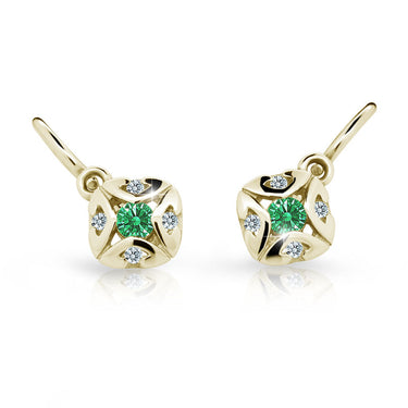 Dětské náušnice Danfil C2250 ze žlutého zlata s kamínkem Emerald Green, zapínání brizura