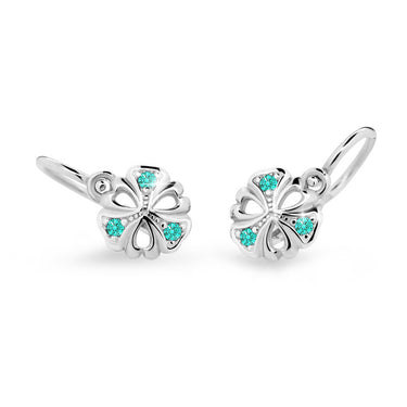 Dětské náušnice Danfil kytičky C2230 z bílého zlata s kamínky Mint Green, zapínání brizura