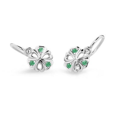 Dětské náušnice Danfil kytičky C2230 z bílého zlata s kamínky Emerald Green, zapínání brizura