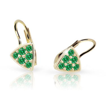 Dětské náušnice Danfil C2207 ze žlutého zlata s kamínky Emerald Green, zapínání klapka
