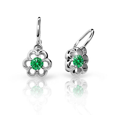 Dětské náušnice Danfil kytičky C1947 z bílého zlata s kamínkem Emerald Green, zapínání brizura