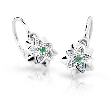 Dětské náušnice Danfil kytičky C2210 z bílého zlata s kamínkem Emerald Green, zapínání brizura