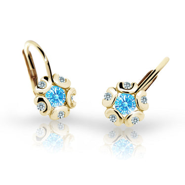 Dětské náušnice Danfil kytičky C2178 ze žlutého zlata s kamínkem Arctic Blue, zapínání klapka