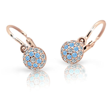 Dětské náušnice Danfil C2150 z růžového zlata s kamínky Arctic Blue, zapínání brizura