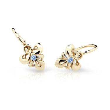 Dětské náušnice Danfil C2214 ze žlutého zlata s kamínkem Arctic Blue, zapínání brizura