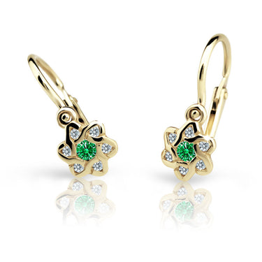 Dětské náušnice Danfil kytičky C2149 ze žlutého zlata s kamínkem Emerald Green, zapínání brizura