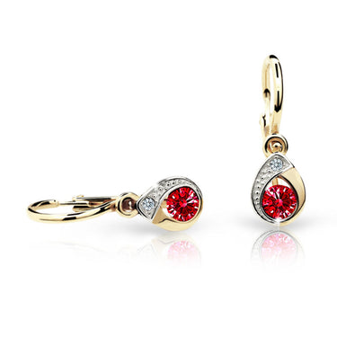 Dětské náušnice Danfil kapky C1898 ze žlutého zlata s kamínkem Ruby Dark, zapínání brizura