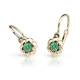 Dětské náušnice Danfil kytičky C2151 ze žlutého zlata s kamínkem Emerald Green, zapínání brizura
