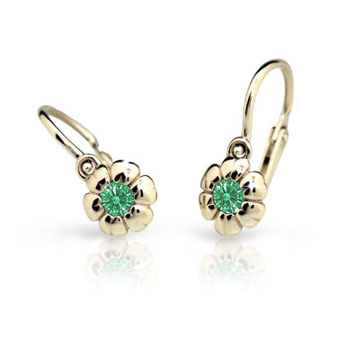 Dětské náušnice Danfil kytičky C2151 ze žlutého zlata s kamínkem Emerald Green, zapínání brizura