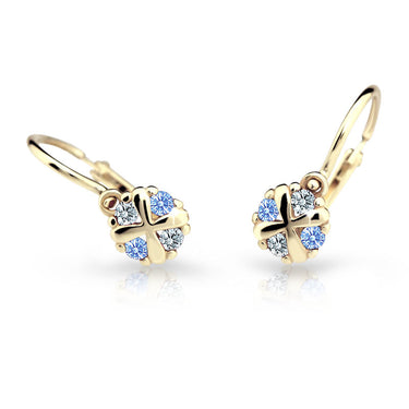 Dětské náušnice Danfil C2153 ze žlutého zlata s kamínky Arctic Blue, zapínání brizura