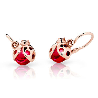 Dětské náušnice Danfil berušky C2008 z růžového zlata s kamínkem Ruby Dark, zapínání brizura