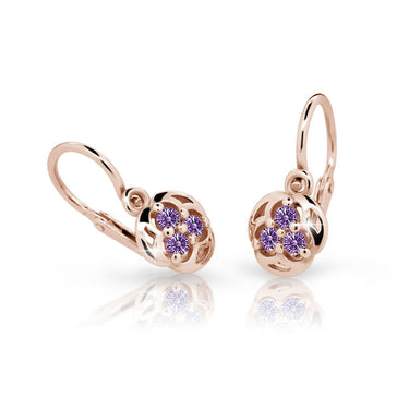Dětské náušnice Danfil C2252 z růžového zlata s kamínky Amethyst, zapínání brizura