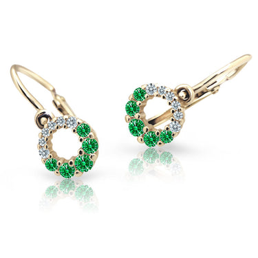 Dětské náušnice Danfil C2154 ze žlutého zlata s kamínky Emerald Green, zapínání brizura
