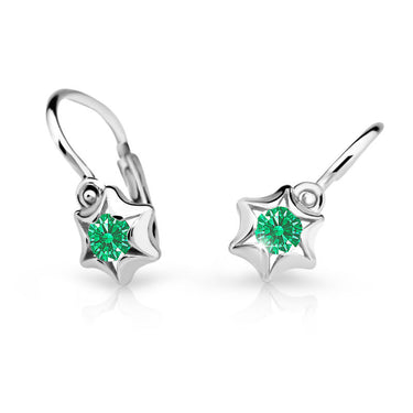 Dětské náušnice Danfil hvězdičky C2159 z bílého zlata s kamínkem Emerald Green, zapínání brizura