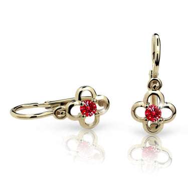 Dětské náušnice Danfil kytičky C1944 ze žlutého zlata s kamínkem Ruby Dark, zapínání brizura